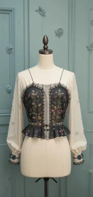 A floral party blouse featuring embroidery, sheer sleeves, and a layered peplum hem.