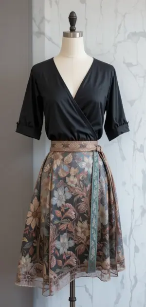 A mannequin dressed in a black blouse and a short floral wrap skirt.