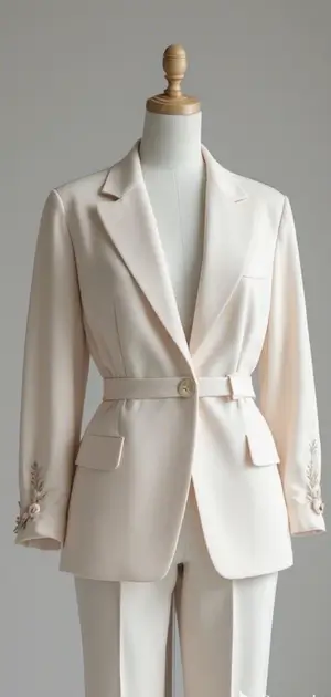 Cream blazer with minimalist floral cuff accents