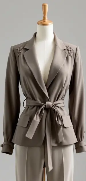 Taupe blazer with floral shoulder accents and a tie waist