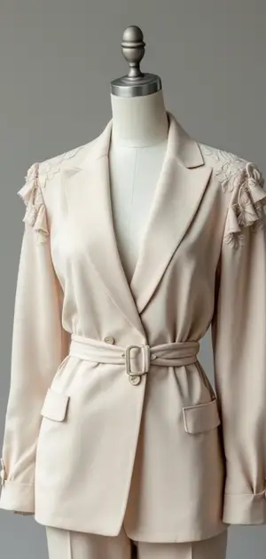 Beige blazer with intricate shoulder detailing.