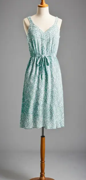 Mannequin in an aqua green patterned knee-length dress