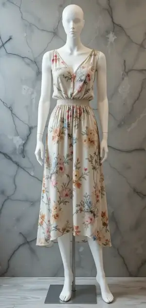 Mannequin displaying a white midi dress with red floral pattern