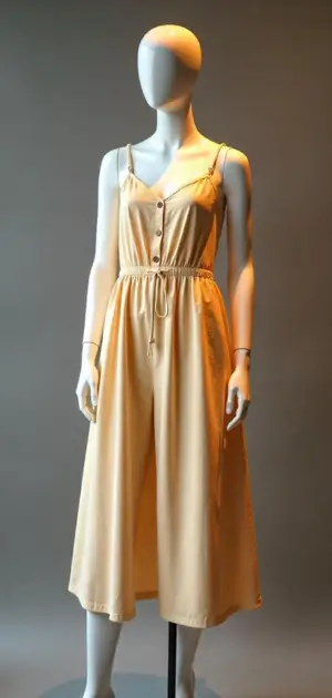 Mannequin in a mustard yellow midi dress with buttons