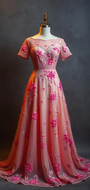 Pink gown with vibrant floral embroidery and cap sleeves