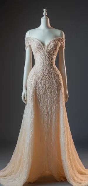 Off-shoulder peach gown with feathered texture and a fitted bodice