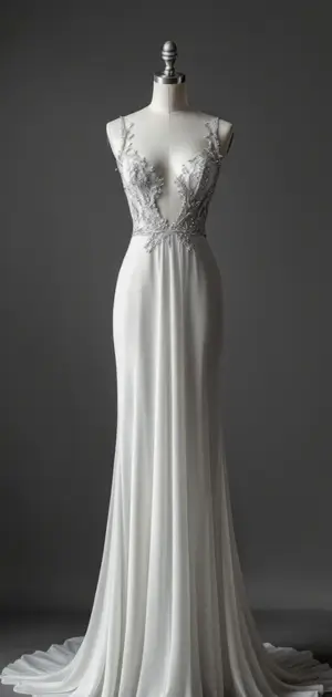 Sleek silver gown with deep V-neck and elegant side embroidery.