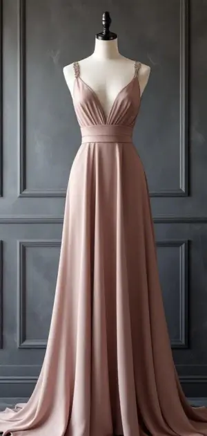 Dusty pink gown with a plunging neckline and delicate straps