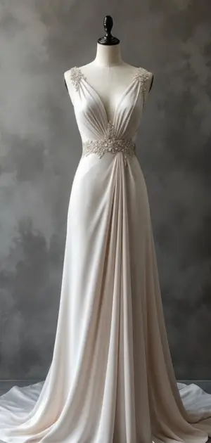 Silver summer gown with delicate embellishments at the waist