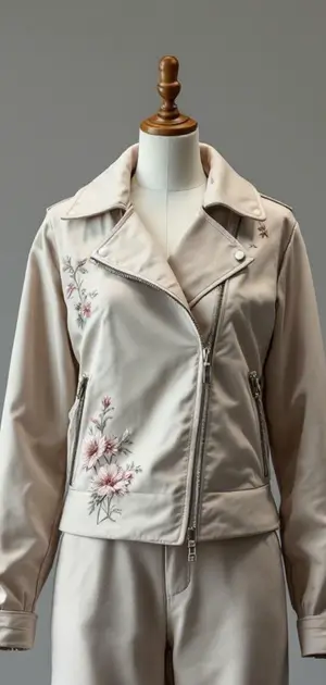 Light beige jacket with red floral embroidery on mannequin
