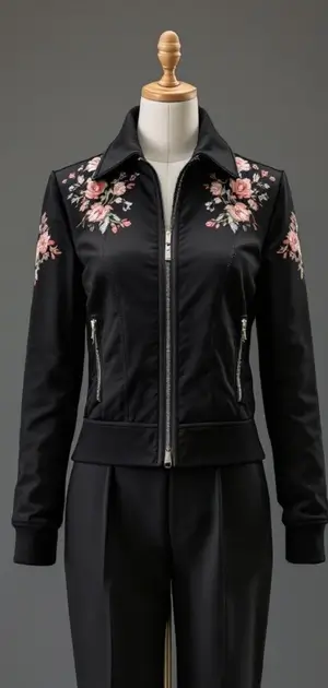Black zip-up jacket with floral patterns on mannequin