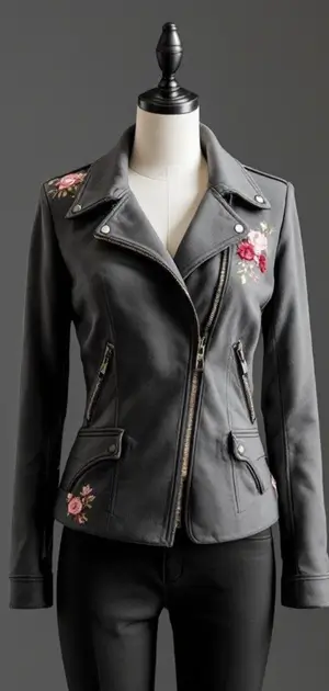 Black leather jacket with floral embroidery on mannequin