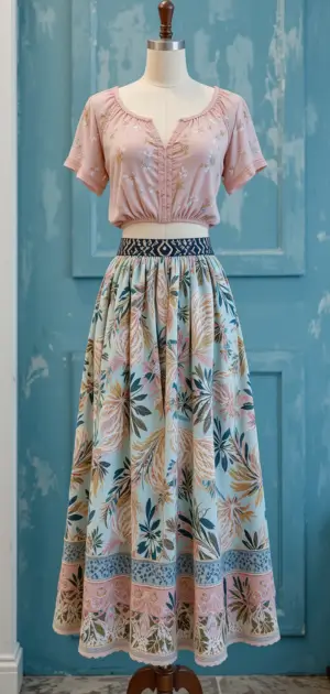 A flowy pastel skirt with lace and floral prints.