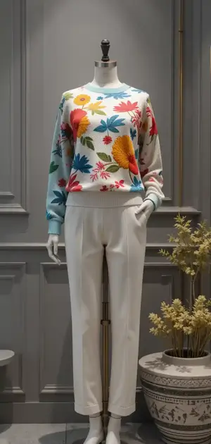 Turquoise floral sweater with white trousers
