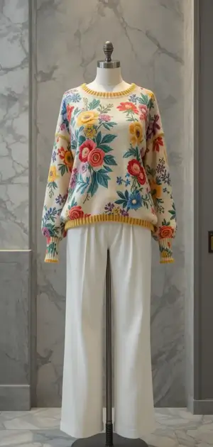 Pastel floral sweater with beige trousers