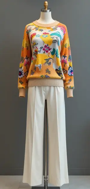 Bright floral patterned yellow sweater with wide-leg trousers