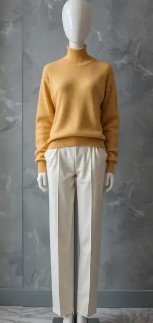 Mannequin dressed in a mustard linen sweater and white trousers