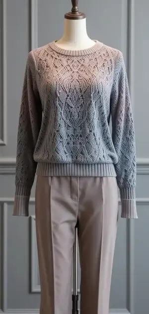 Grey cable knit sweater on a mannequin with trousers