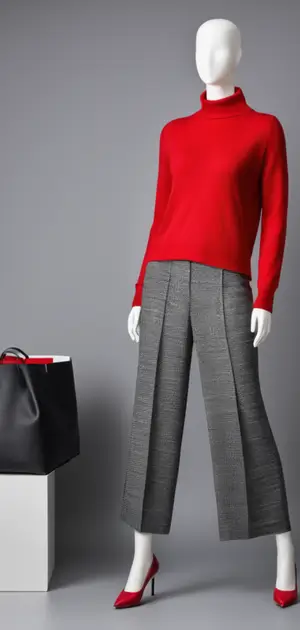 Red sweater paired with grey wide-legged trousers on a mannequin