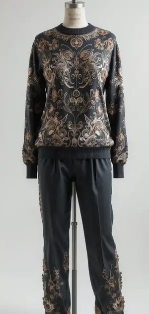 Mannequin in a black silk sweater with ornate golden embroidery