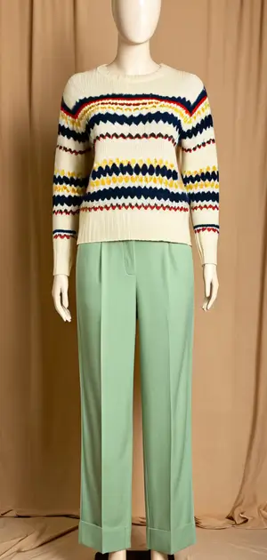 Mannequin in a vibrant, striped vintage sweater paired with teal pants