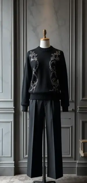 Elegant black sweater with ornate white embroidery on mannequin
