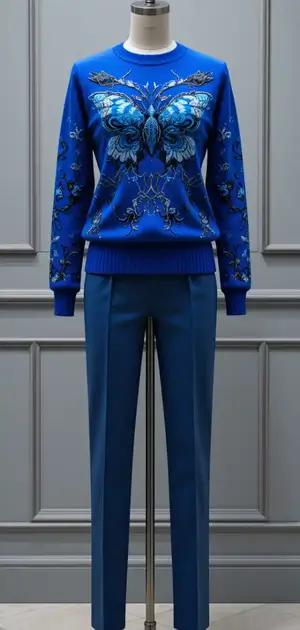 Soft blue sweater with elegant white detailing