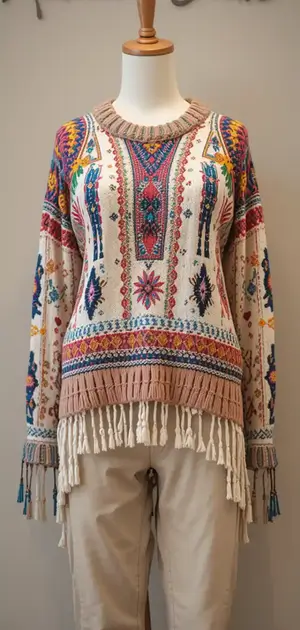 Mannequin showcasing a patterned bohemian sweater.