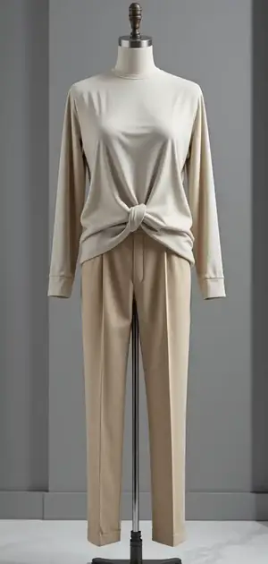 Mannequin displays a beige sweater with a unique front knot design paired with matching trousers