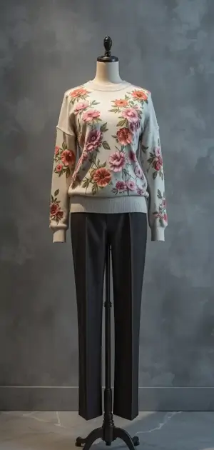 White sweater with pink floral design and black trousers