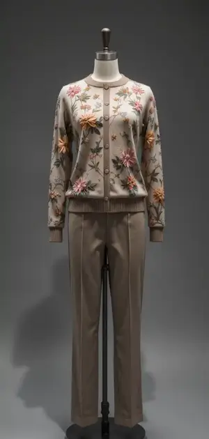 Beige floral cardigan with taupe trousers