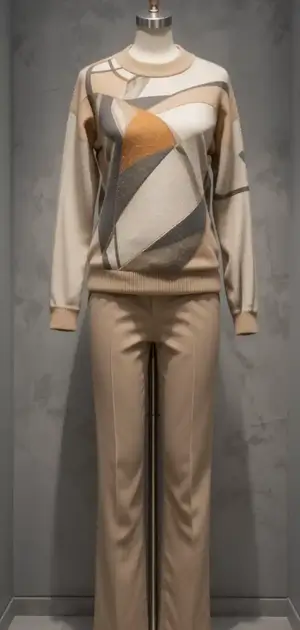 Mannequin dressed in a geometric pattern sweater with beige trousers