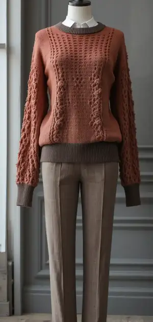 Mannequin dressed in a textured coral sweater with beige trousers