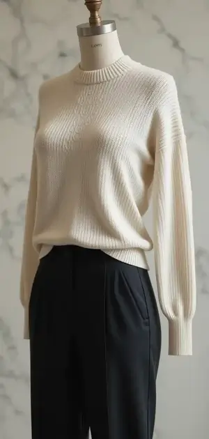 White ribbed sweater paired with black trousers on display
