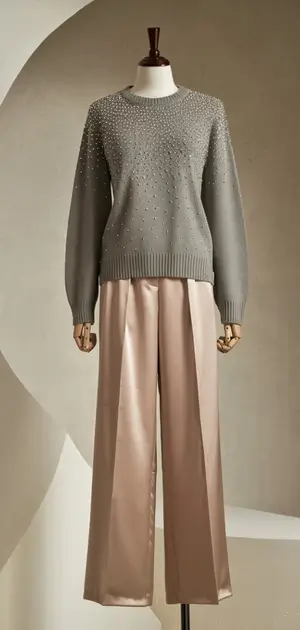 Stylish grey sweater with embellishments on display