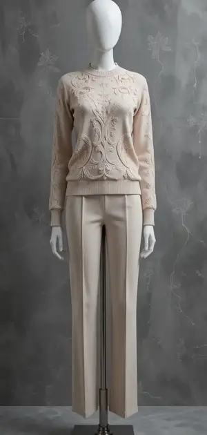 Mannequin showcases a pastel sweater with leaf pattern embroidery