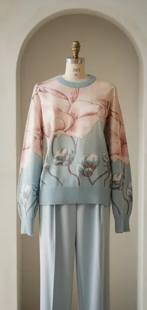 Mannequin dressed in a pastel floral silk sweater with light blue trousers