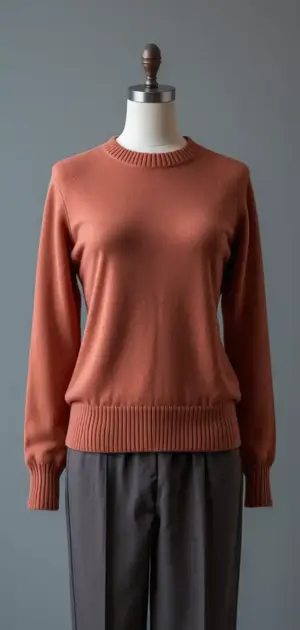 Mannequin dressed in a warm terracotta sweater and grey trousers