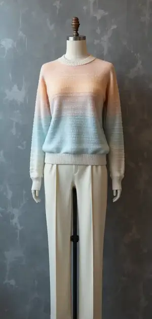 Gradient pastel sweater with cream trousers