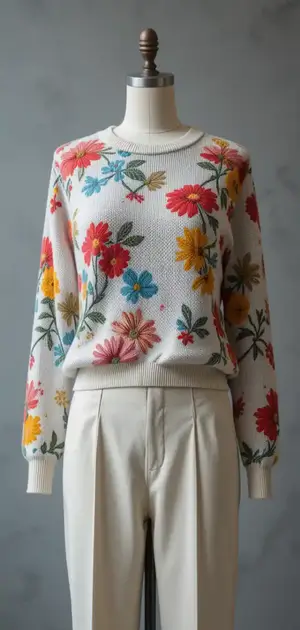 Floral embroidered cream sweater with cream trousers