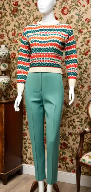 Colorful striped vintage sweater with teal trousers on mannequin