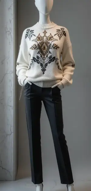 White sweater with ornate black embroidery and black trousers