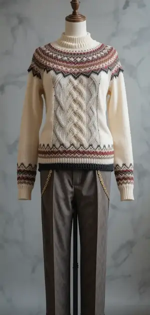 White sweater with brown and red patterns and grey trousers