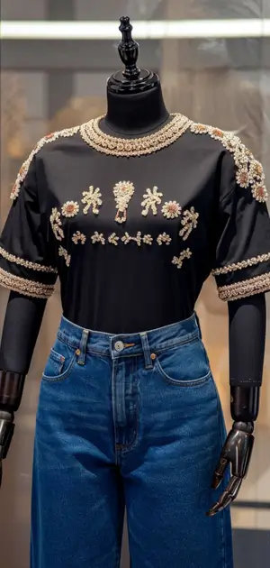 Black t-shirt with floral and pearl embroidery.