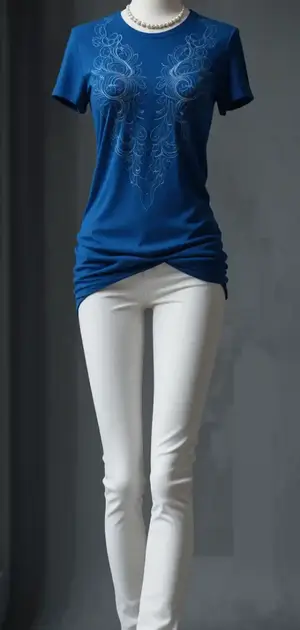 Blue t-shirt with ornate white floral embroidery.
