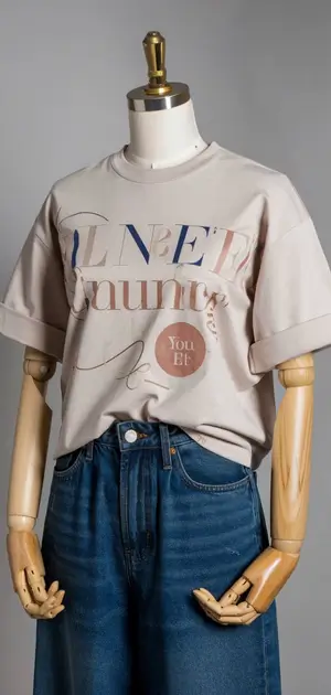Cream t-shirt with 'L'NET luxuriate' in soft hues on mannequin
