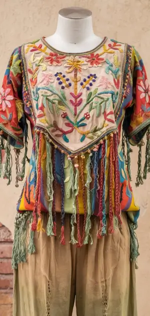 Mannequin wearing a colorful embroidered T-shirt with fringe