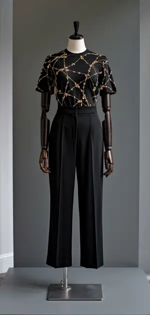 Stylish black T-shirt with a golden chain pattern, paired with black trousers