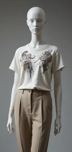 Mannequin in a beige t-shirt with intricate dark nature-inspired print