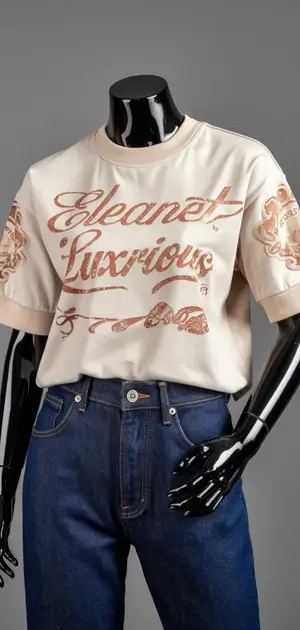 Mannequin wearing a cream t-shirt with 'Elegant Luxurious' script